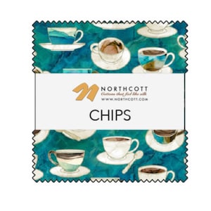 May include: A teal blue fabric with a repeating pattern of coffee cups and saucers. The fabric has a white label with the text "Northcott Cottons that feel like silk www.northcott.com CHIPS".