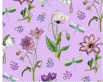 May include: A purple floral fabric with a repeating pattern of flowers, dragonflies, and leaves. The flowers are in shades of pink, white, and purple. The dragonflies are green and blue. The leaves are green.