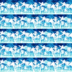 May include: A repeating pattern of white palm trees and a full moon against a gradient of blue hues. The design evokes a tropical beach scene, with horizontal bands of varying shades of blue and white.