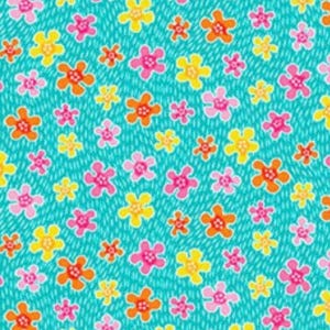 May include: A teal blue background with a repeating pattern of colorful flowers. The flowers are in shades of pink, orange, and yellow.