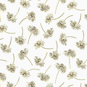 May include: A seamless pattern featuring delicate white flower sprigs with gold accents on a white background.