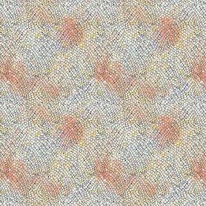 May include: A repeating pattern featuring a mosaic of small, irregular shapes in a variety of colors. The design includes white, yellow, and peach tones, with a network of thin, dark lines creating a textured effect.