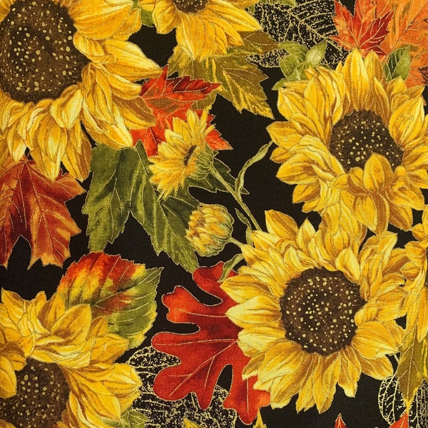 Fall Glory Sunflowers and Leaves-Metallic Gold-by Timeless Treasures-Orange Red Yellow Green Black-100 Percent Cotton-CM8542-Cut to size