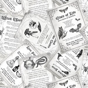 May include: A collection of vintage-style cards with illustrations of potion ingredients, spiders, bats, and skulls. The cards feature text about spells and potions, with a gothic and Halloween theme.