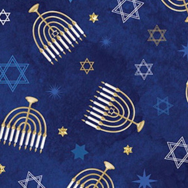 Menorah-Indigo Blue-Metallic Gold-Hanukkah Collection-Chanukah-Star of David-Stonehenge-Northcott Fabrics-100 % Cotton-24777M-46-Cut to size