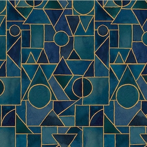 May include: Abstract geometric pattern with blue and gold watercolor shapes. The pattern features circles, squares, and triangles.