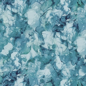 May include: Abstract watercolor design in shades of teal, turquoise, and white. The pattern features a fluid, marbled effect with organic shapes and subtle speckles, creating a textured, artistic look. Ideal for fabric or surface design.