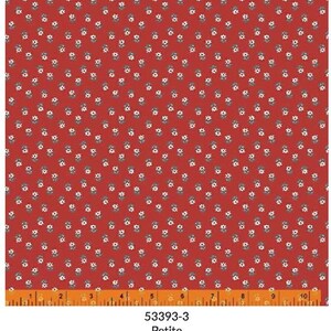 May include: Red fabric with a white floral pattern. The fabric is 53393-3 Petite Ruby, Petite, Ruby, Cotton.