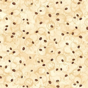 May include: A seamless pattern featuring brown coffee beans scattered on a beige background with brown coffee ring stains.
