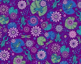 May include: A purple background with a repeating pattern of blue frogs, pink water lilies, green lily pads, and dragonflies. The pattern is a whimsical and colorful design.