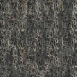 May include: A seamless pattern of white and gray letters on a black background. The letters are arranged in a random pattern and appear to be printed on a textured surface.