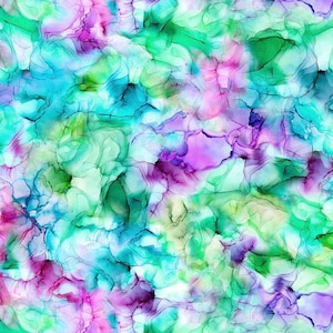 May include: Abstract watercolor design featuring a blend of colors. The image showcases a seamless pattern with shades of pink, purple, teal, and green. The design has a fluid, marbled appearance, with soft edges and a textured look.
