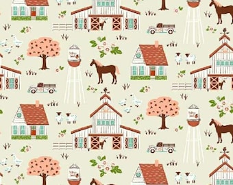 Cottage Farm-Vignette-Ivory-Cream-Barn-Horse-Sheep-Truck-Judy Jarvi-Whistler Studios-Windham Fabrics-100% Cotton-53249-1-Cut to Size