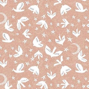 May include: A seamless pattern featuring white stylized birds and stars on a peach background.