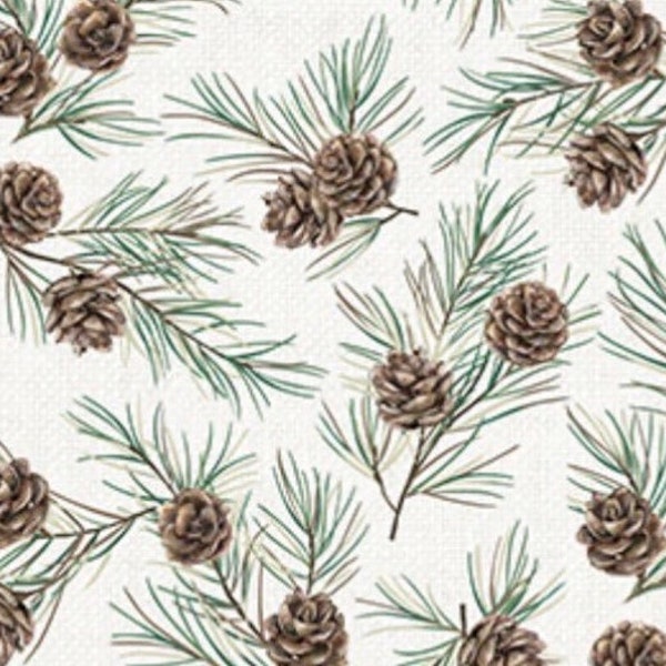 Pine Cones-Off White-White Linen Christmas Collection-Northcott Fabrics-100 % Cotton Fabric-25430-10-Cut to Size