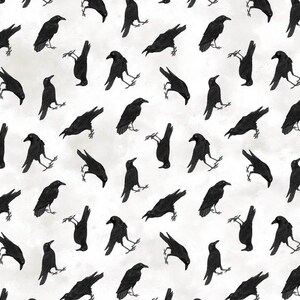 May include: A repeating pattern of black crow illustrations on a white background. The crows are depicted in various poses, some standing, others in flight or perched. The background has a subtle, textured appearance.
