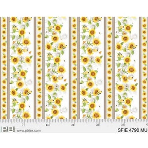 May include: White fabric with a repeating pattern of yellow sunflowers and small birds. The fabric has thin beige stripes running vertically. A ruler is visible at the bottom of the image with the text "SFIE 4790 MU".