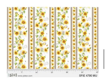 May include: White fabric with a repeating pattern of yellow sunflowers and small birds. The fabric has thin beige stripes running vertically. A ruler is visible at the bottom of the image with the text "SFIE 4790 MU".