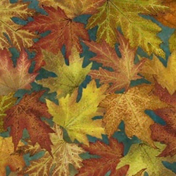 Leaves-Teal-Rust-Autumn Splendor Collection-Stonehenge-Lucivido-Northcott-Autumn-100 Percent Cotton-DP26682-68-Cut to size