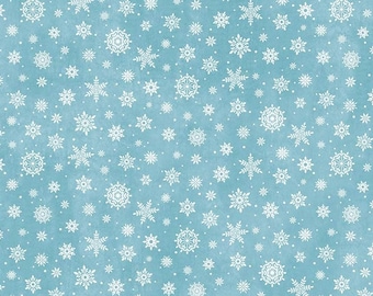 May include: A seamless pattern of white snowflakes on a light blue background. The snowflakes are of various sizes and shapes, creating a festive and wintery design.