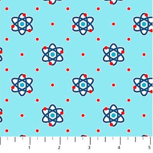 May include: A seamless pattern featuring blue and white atom illustrations on a light blue background with red dots.
