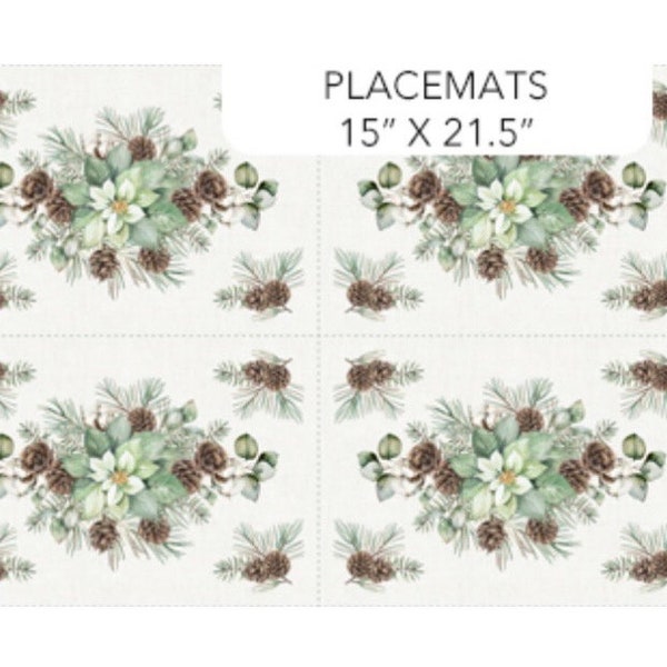 Placemat Panel-15” x 21 1/2” Each-Set 2 or 4-White Linen Christmas Collection-Northcott Fabric-100 % Cotton Fabric-DP25427-10-Cut to Size