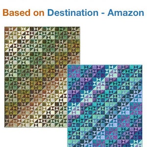 May include: Two quilt patterns, one in shades of green and brown, the other in shades of blue and purple. Both patterns feature a repeating design of split stars. The title "Splashy Split Stars" is at the top of the image. The text "Patti Carey of Patti's Patchwork" is below the title. The text "Based on Destination - Amazon" is below that.