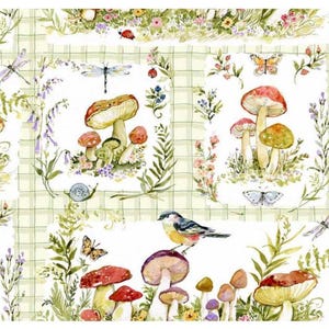 May include: Watercolor illustration of a whimsical forest scene with mushrooms, butterflies, dragonflies, and a small bird. The design features a light green checkered background with framed vignettes of flora and fauna. The mushrooms have red and yellow caps.