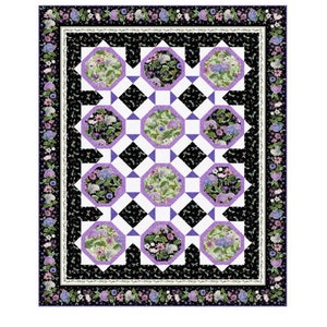 May include: A quilt with a black and white diamond pattern and purple octagons with floral designs. The quilt is surrounded by a purple and white floral border.