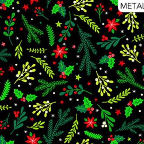 Holiday Greenery-Black-Metallic-Christmas Magic Collection-by Patrick Lose and Northcott-Christmas-10031M-99-100% cotton-Cut to Size