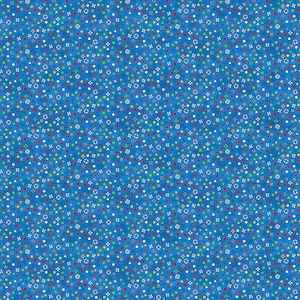 May include: A blue background with a repeating pattern of small, colorful shapes. The shapes include circles, stars, triangles, and squares. The colors are red, green, yellow, white, and gray.