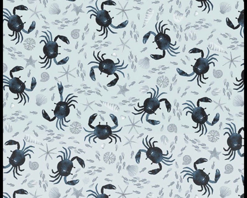 Oh Crab-Misty Blue-Beach-by Dear Stella Designs-Mariners Coastal-100 Percent Cotton-Quilting Cotton-DS1649-Cut to size