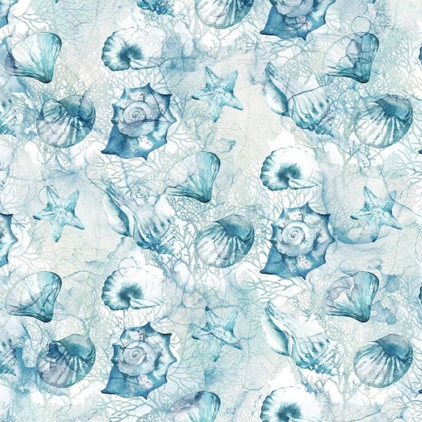 Sea Breeze-Shells-Pale Blue-Northcott Fabrics-Melanie Samra-Deborah Edwards-100% Cotton Fabric-DP27098-42-Cut to Size