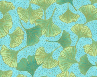 Shimmer-Small Gingko Toss-Turquoise-Gingko Garden Collection-Metallic-Northcott-Deborah Edwards-100% Cotton Fabric-26854M-64-Cut to Size