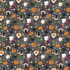 May include: A repeating pattern featuring Halloween gnomes, pumpkins, black cats, cauldrons, moons, and stars on a dark gray background. The gnomes wear pointed hats and hold brooms. The pumpkins have carved faces.