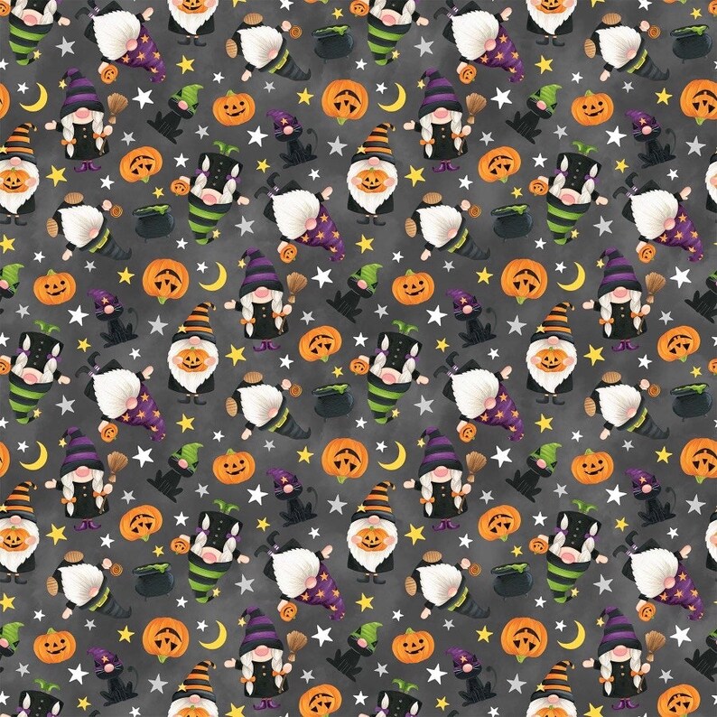 May include: A repeating pattern featuring Halloween gnomes, pumpkins, black cats, cauldrons, moons, and stars on a dark gray background. The gnomes wear pointed hats and hold brooms. The pumpkins have carved faces.