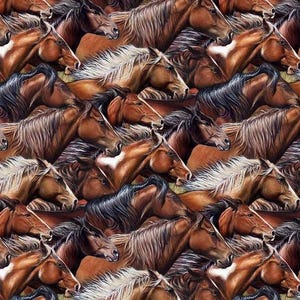 May include: A seamless pattern featuring a close-up of many brown horses with flowing manes and tails. The horses are arranged in a chaotic pattern, creating a dynamic and energetic feel.