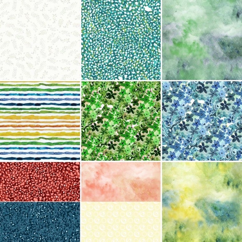May include: A digital collage of ten different patterns. The patterns include stripes, polka dots, floral designs, and watercolor washes. The colors are mostly green, blue, and white.