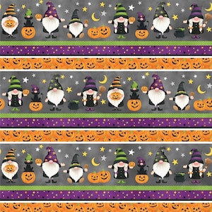 Pode incluir: Um padr&atilde;o repetido de gnomos de Halloween com ab&oacute;boras, estrelas e luas em um fundo cinza. Os gnomos usam chap&eacute;us pretos e roxos e t&ecirc;m barbas brancas. Eles est&atilde;o segurando ab&oacute;boras, vassouras e doces.