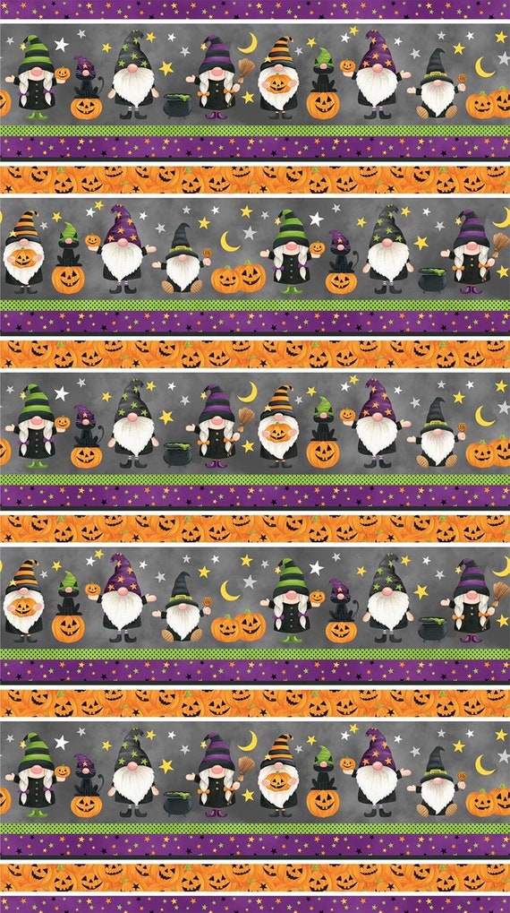 Gnome Border Stripe-Gray Multi-Gnomes Night Out Collection-Northcott-Halloween-Autumn-Fall-100 Percent Cotton-24661-95-Cut to size