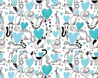 Hearts and Cats-Turquoise White-Purrfect Cats Collection-Benartex-Terry Runyan-Quilting Cotton-10335-83-Cut to size