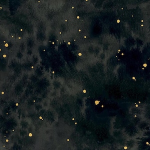 May include: Abstract watercolor background in dark shades of black and green, with scattered gold-colored paint splatters. The design has a textured appearance, resembling a night sky with stars. The overall theme is artistic and decorative.