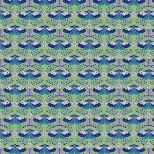 May include: A seamless pattern featuring blue and white moths with purple accents, surrounded by green leaves and white flowers on a light green background.