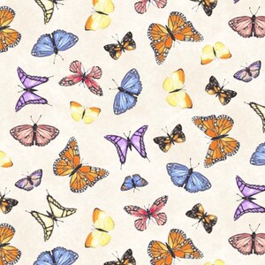 May include: A seamless pattern featuring a variety of colorful butterflies on a cream background. The butterflies are in various sizes and positions, creating a whimsical and cheerful design.