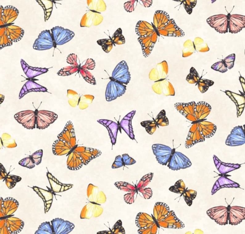 May include: A seamless pattern featuring a variety of colorful butterflies on a cream background. The butterflies are in various sizes and positions, creating a whimsical and cheerful design.