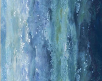 May include: Abstract watercolor painting with a vertical orientation. The artwork features a blend of blues, from light turquoise to deep navy, with white speckles. The brushstrokes create a flowing, textured effect, reminiscent of water.