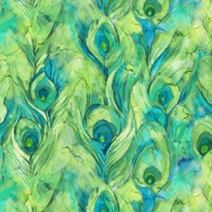 May include: Abstract watercolor painting featuring a repeating pattern of peacock feathers in shades of green and blue.