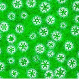May include: A green fabric with a white snowflake pattern. The snowflakes are scattered randomly across the fabric.