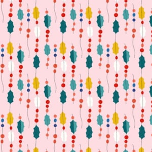 May include: A pink background with a repeating pattern of green holly leaves and colorful beaded garlands. The garlands are made of red, white, blue, and yellow beads.