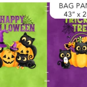 May include: A green and purple fabric panel with a Halloween theme. The panel features black cats, pumpkins, and the text "Happy Halloween" and "Trick or Treat". The panel is 43 inches by 24 inches.